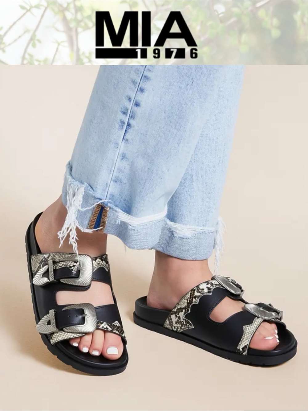MIA TIBBY SNAKE PRINT BLACK BUCKLE SLIDE SANDALS WESTERN BOHO NWT SIZE 7.5